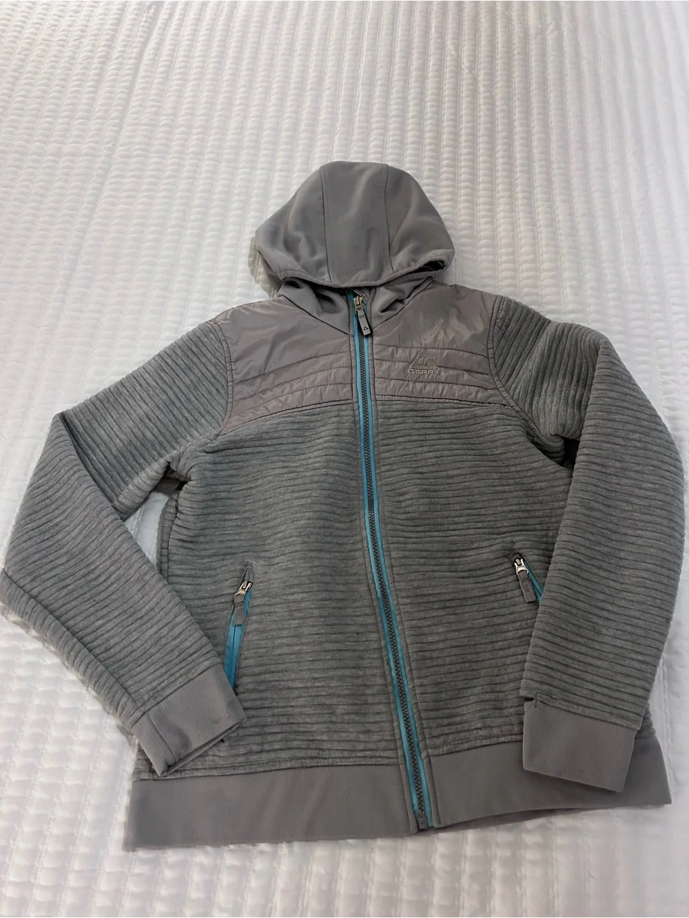 Gerry Weber Gray Hooded Puffer Jacket with Teal Trim. Size Youth L